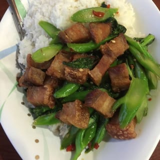 Chinese Broccoli and Crispy Pork Over Rice