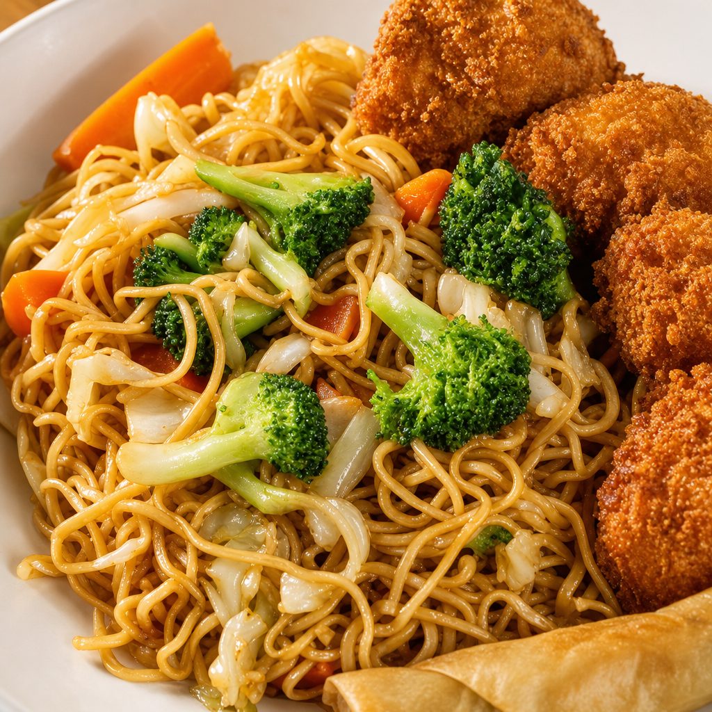 Combo #7 Chow Mein with BBQ Pork or BBQ Beef.