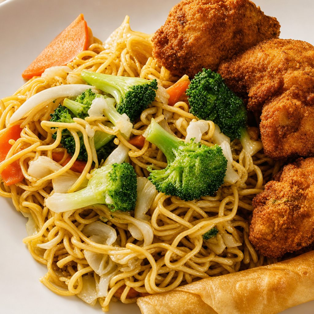 Combo #2 Chow Mein with Fried Chicken.