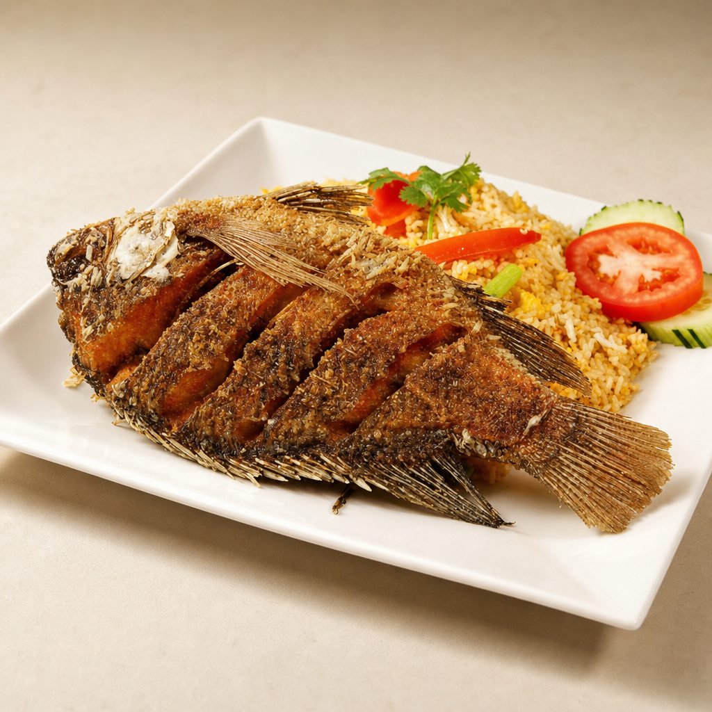 Combo #5 Fried Rice with Deep Fried Tilapia.