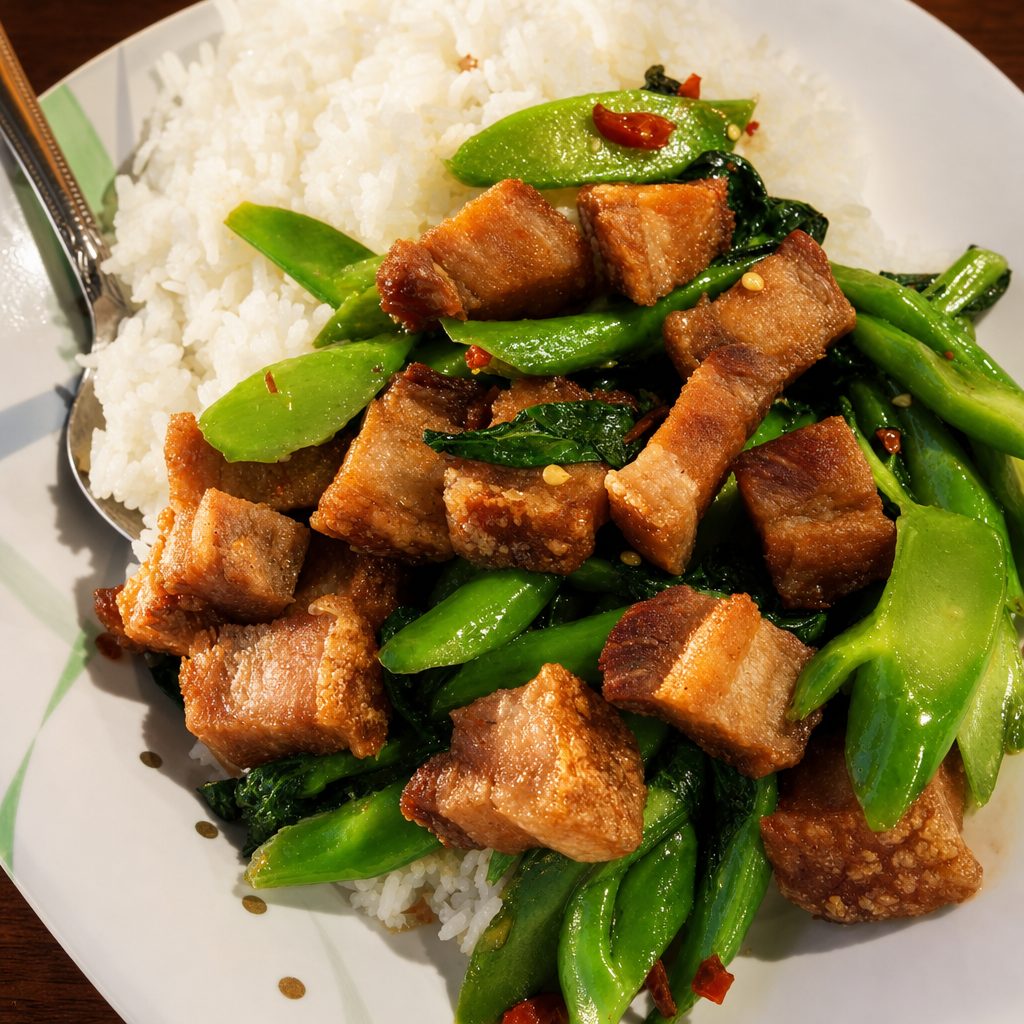 Chinese Broccoli and Crispy Pork Over Rice.